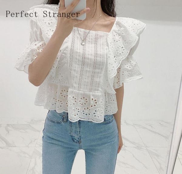 

2021 summer new arrival square collar short sleeve solid color women chiffon blouse, White