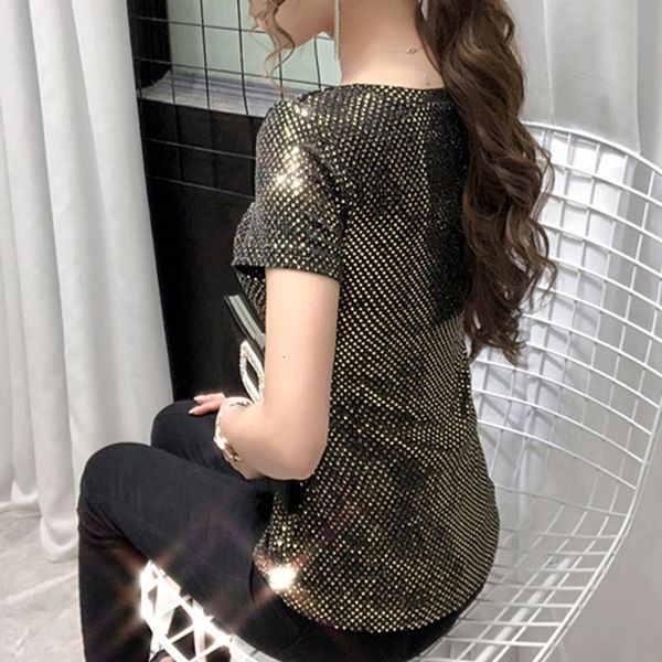 

2021 fall summer european clothes t-shirt fashion shiny sequins women short sleeve bottoming shirt girl tees new t06405 s7ga, White