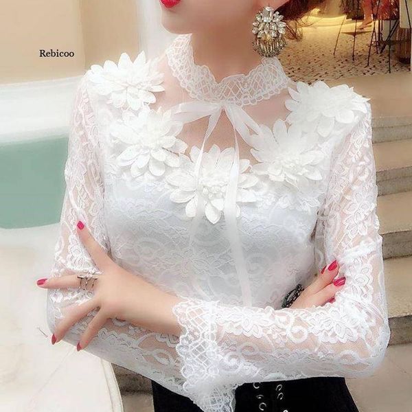 

women's blouses & shirts women lace long sleeve blouse bow sweet floral hollow shirt female mesh blusas spring, White