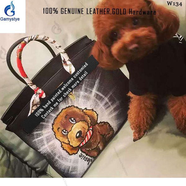 

new fashion dog women bags luxury handbags designer genuine leather handbags hand-painted cute dogs custom gifts pet painting, Black;red