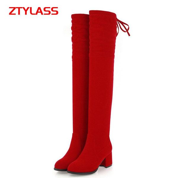 

boots 2021 women flock leather square low heel knee high slip on autumn winter plush long big size 43 red black