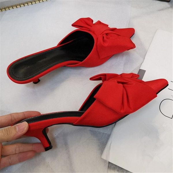 

dress shoes bowknot mules pumps woman summer pointed toe butterfly-knot med heels slip on women loafers satin slippers, Black