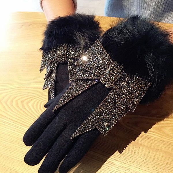 

fingerless gloves fashion super flash bow winter luxury bowknot fur elegant female warm mittens solid black high quality, Blue;gray