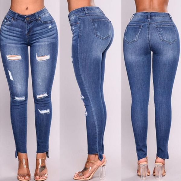 

women's jeans s-3xl for women mid waist ripped plus size stretch female washed denim skinny pencil pants, Blue