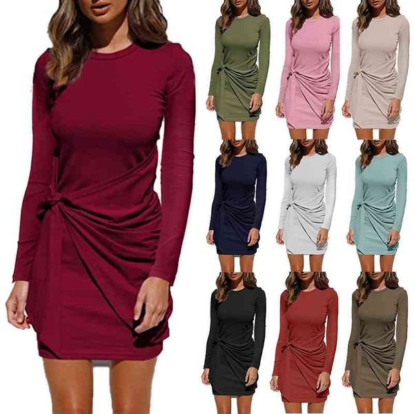 

women's wear autumn winter 2021 new casual knot long sleeve dress for women, Black;gray