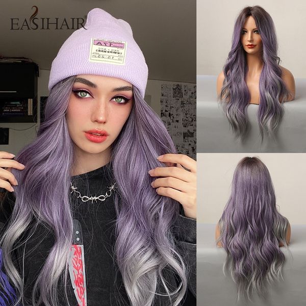 

long wavy synthetic wigs for women purple to ash grey ombre cosplay wigs natural hair wig heat resistant, Black
