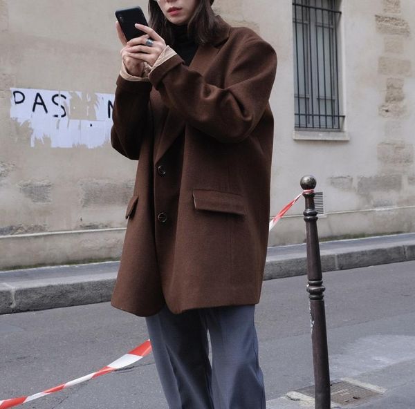 

winter new retro modern oversize about profile wool suit jacket design feels loose long coat in female, Black