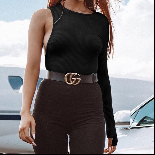 

one shoulder o neck long sleeve bodysuit 2021 spring women knitted streetwear black white skinny bodysuit