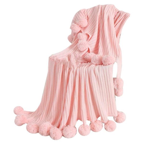 

throw blanket for couch,pink pom pom throw blanket knit with poms,fuzzy,plush,soft,cozy,warm knitted cover