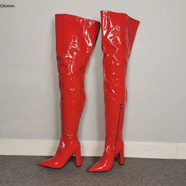 

boots olomm 2021 handmade women thigh high square heels nice pointed toe red club wear shoes plus us size 5-15, Black