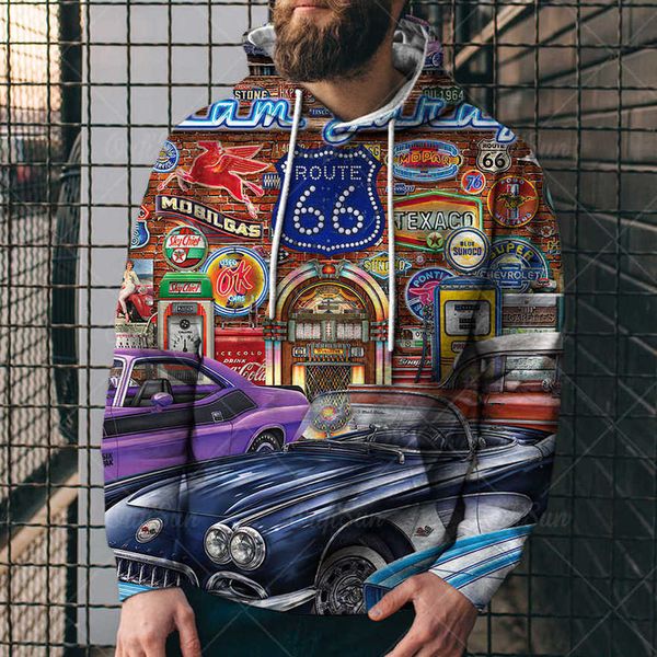 

fashion new sweater us highway 66 3d printed men's casual loose comfortable hoodieu818, Black