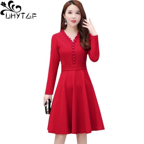

casual dresses uhytgf dress women's fashion long sleeve v-neck spring autumn red black other elegant female vestido de mujer 1198, Black;gray