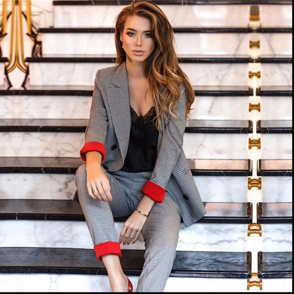 

2021 work fashion pants set 2 piece set for women double breasted plaid blazer jacket amp pencil pant office female set outfits, Gray