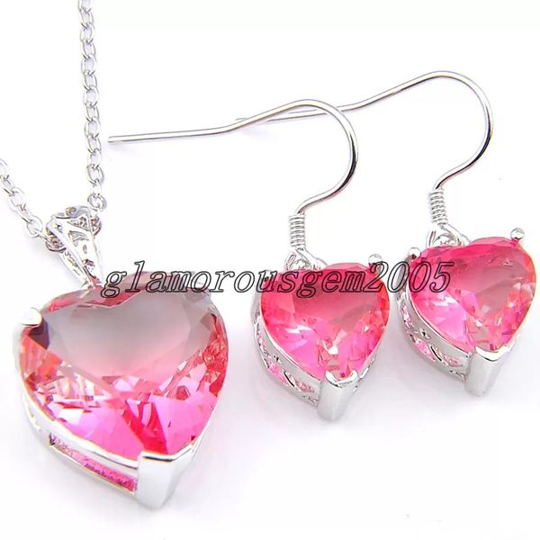 

luckyshine wedding jewelry sets 925 silver bi colored tourmaline heart zircon fashion earring necklace pendants necklaces earring set for wo