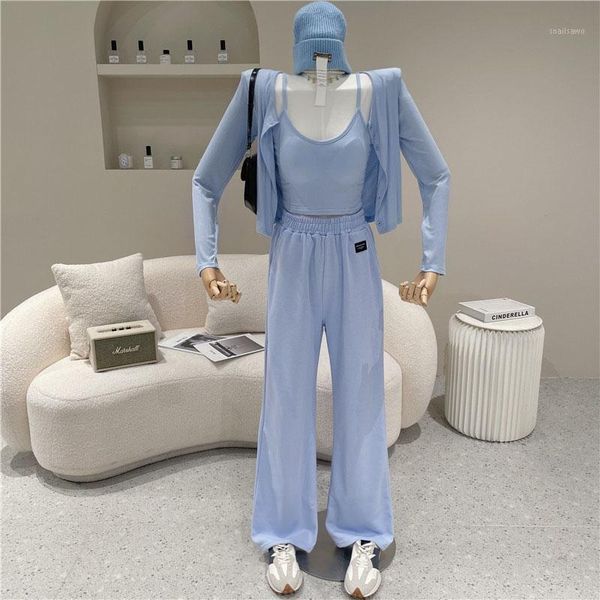 

women's two piece pants spring summer 2021 fashion sports suit open waist drawstring cardigan wide leg floor trousers three set, White