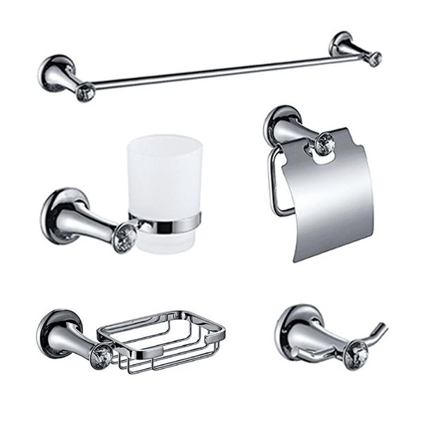 

bathroom accessories chrome towel rack rail bar paper shelf shower soap dish holder toilet brush cup holder cloth hook 5pcs set