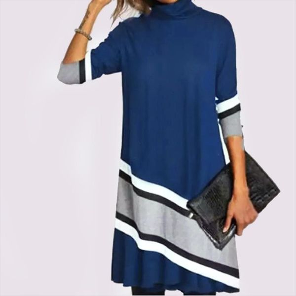 

spring long sleeve turtleneck loose womens dress elegant print a line mini casual plus size t shirt, Black;gray