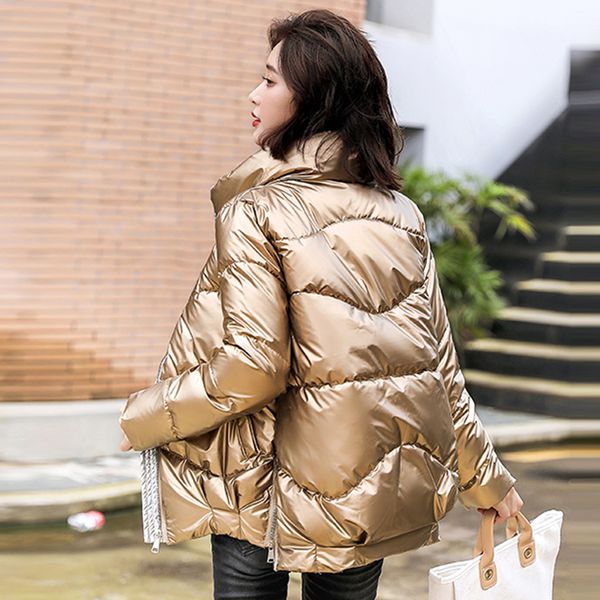 

2021 winter jackets women's shiny loose casual short parkas woman stand collar solid cotton padded thick coat ladies, Black