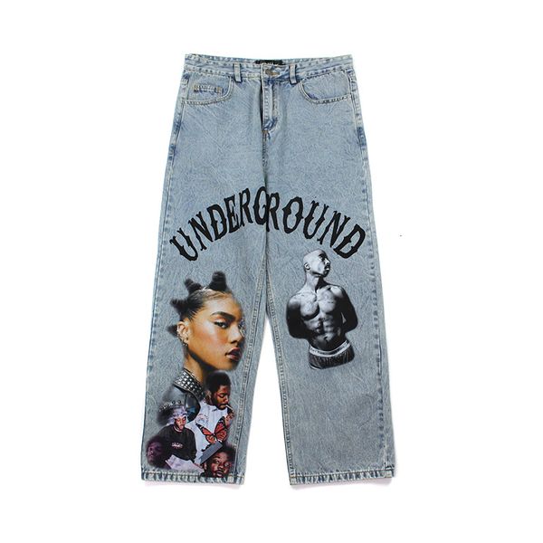 

men's pants high street character letter print straight denim pants from men's vibe style oversize ripped brim casual couple', Black