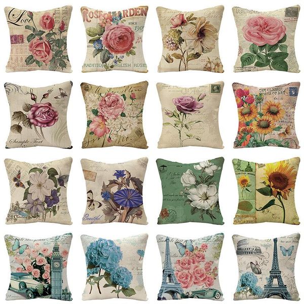 

pillow case retro american country rose flower pillowcase flax sunflower cushion