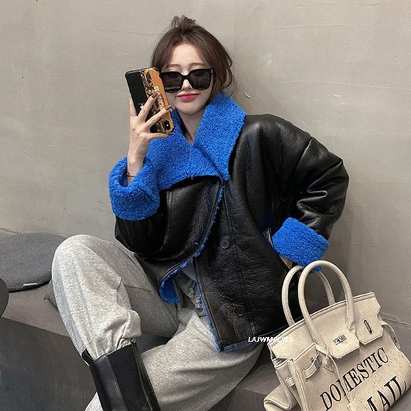 

women's leather & faux women 2021 autumn winter sheepskin shearling coat female thick warm motorcycle street soft lamb fur jacket, Black