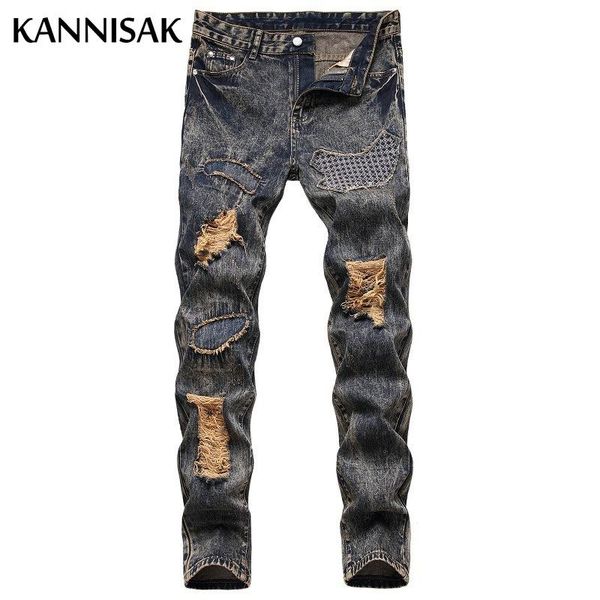 

men's jeans kannisak vintage men appliques ripped hole streetwear denim pant moto biker slim fit distressed casual trousers 2021, Blue