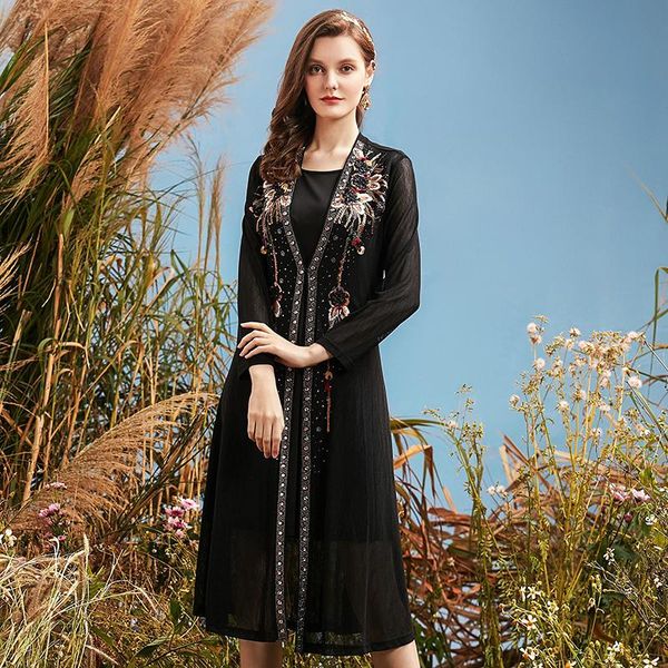 

women's vests chinese style elegant retro large size perspective long-sleeved cloak coat summer plus thin -6xl, Black;white