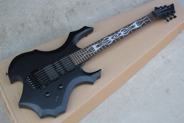 

unusual shape matte black body electric guitar with tremolo bridge,3 pickups,can be customized