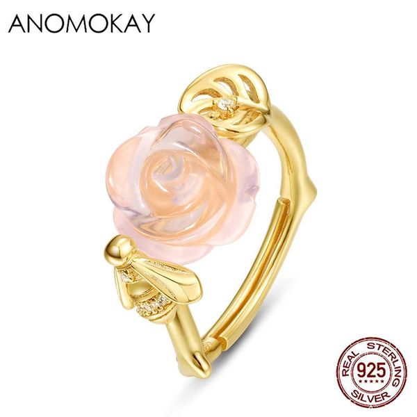 

cluster rings anomokay classic natrue pink crystal flower gold color for women lovers mom real 925 sterling silver leaf bee gift, Golden;silver