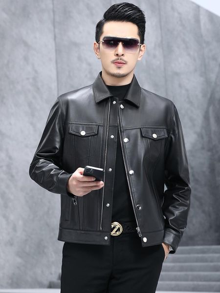 

men's leather & faux 2021 spring autumn soft mens motor biker jacket man genuine coat fashion homme slim sheepskin clothes a218, Black