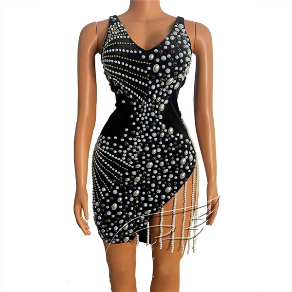 

pearl fringe black dress women nightclub singer costume slit sleeveless open-back party dress evening host wear vdb3327, Black;red