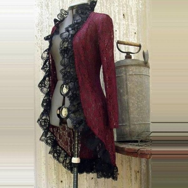 

women's jackets 2021 fashion women vintage tuxedo jacket long-sleeved waist back bandage lace stitching cardigan loose splicing overcoa, Black;brown