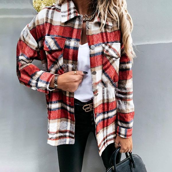 

women's wool & blends 2021 arrival autumn jacket plaid print long-sleeved casual cardigan all-match street style winter female, Black