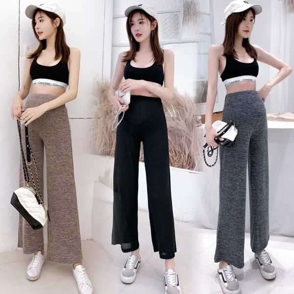 

maternity bottoms pants summer solid color comfy support abdomen elastic waist belly trousers, White