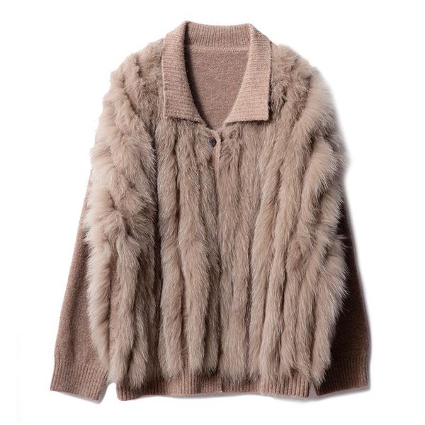 

women's fur & faux loose lazy style knitted cashmere mid-length coat danish blue wool sweater cardigan real jacekt, Black