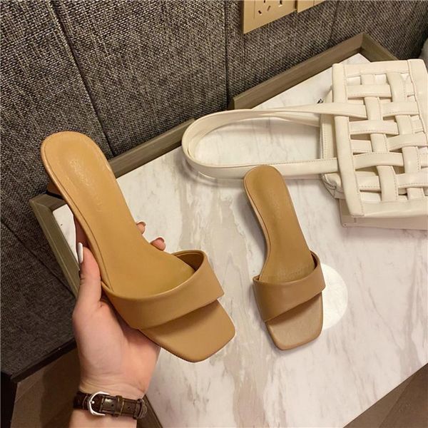 

slippers 2021 brand women ladies mid high heel sandal open toe slip on summer outdoor slides flip flop females shoe, Black
