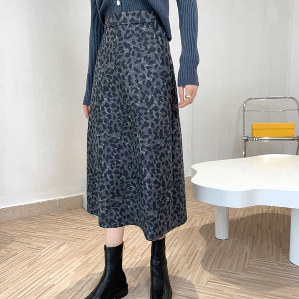 

autumn winter retro leopard fashion high waist skirt women's all-match woolen midi a- line 9958 210607, Black