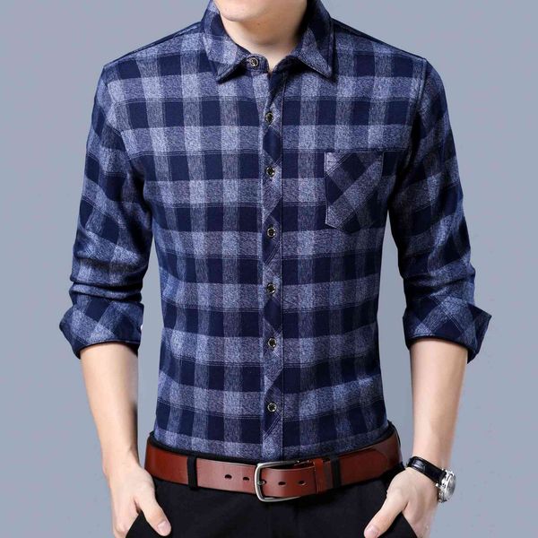 

2021 autumn middle-aged and elderly casual non iron cotton plaid long sleeve men's shirts dad fashion, Black