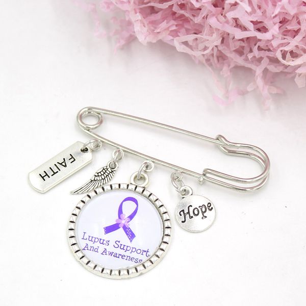 

wholesale purple ribbon cancer brooch faith hope lupus support awareness brooches safety pins for women men jewelry clothes accessory, Gray