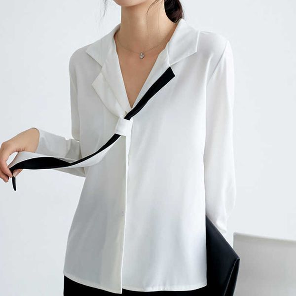 

fashion woman blouses long sleeve women chiffon shirt bow v-neck office ladies white c567 210602