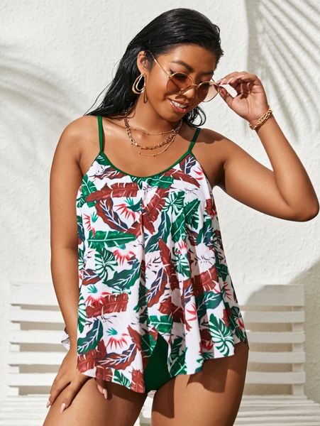 

plus plant print high waisted bikini swimsuit 53zq#, Black