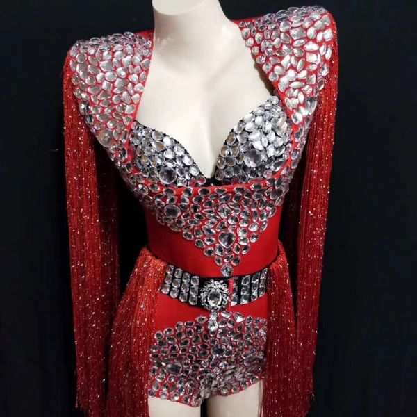 

blue red big rhinestones tassel bodysuit bra womens birthday celebrate outfit dj women singer show nightclub costume, Black;red
