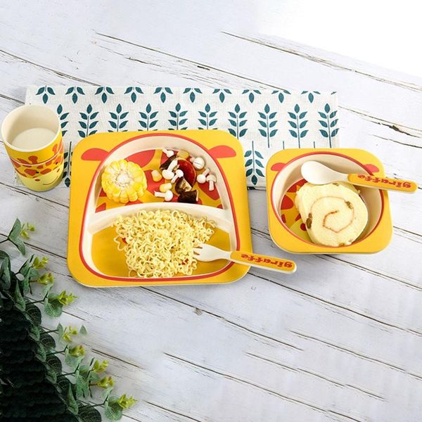 

dinnerware sets 5 pcs cartoon bamboo fiber portable children's cutlery set baby feeding kids
