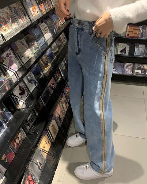 

spring 2021 fashion women jeans side gold stripes high waist vintage woman denim pants bottom women's, Blue