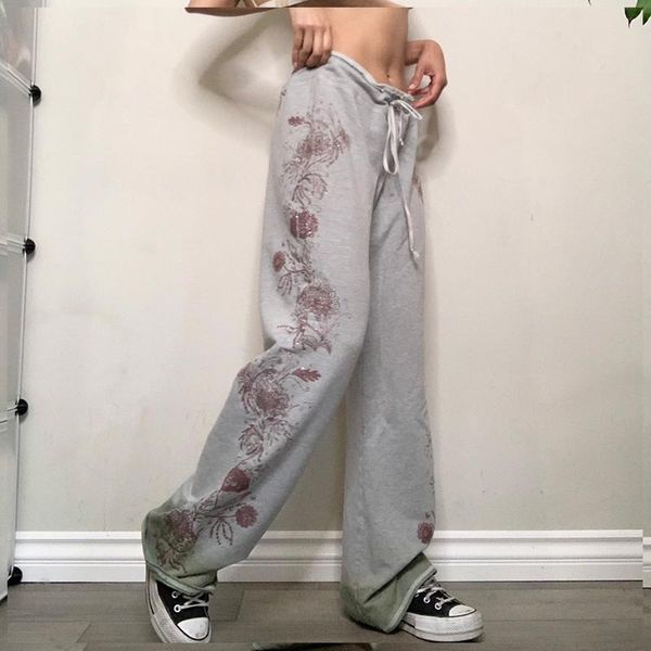 

running pants 2021 fashion y2k vintage floral print women sweatpants jogger high waist wide leg street sport casual straight trousers, Black;blue