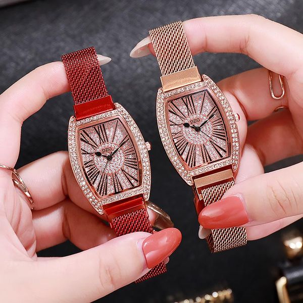 

wristwatches watches women luxury crystal quartz wristwatch rose gold roman facet magnetic mesh wrist watch elegant female clock ladie, Slivery;brown