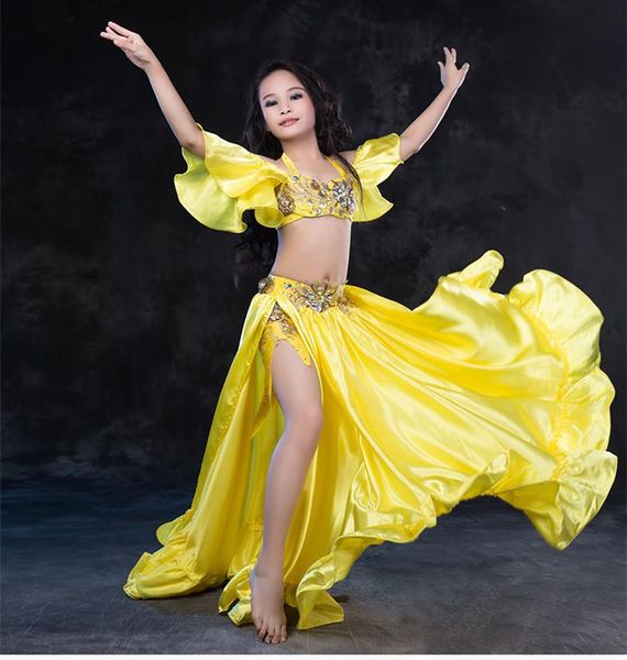 

4 piece girls drum dance costume children oriental dancing performance show wear (bra skirt) red yellow blue ing, Black;red
