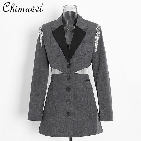 

casual dresses french short suit dress tassel high waist slimming midriff outfit hollow women's 2021 autumn fashionable elegant, Black;gray