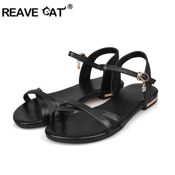 

sandals reave cat genuine leather women strap buckle flat round toe rhinestone ladies flip flops big size 43 44 46, Black