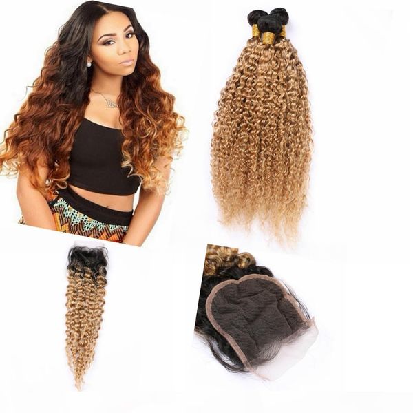 

ombre two tone human hair with closure 4" * 4" dark root two tone brazilian hair bundles kinky curly #1b #27, Black;brown
